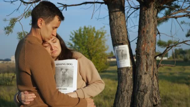Hombre abraza novia cerca de cartel de perro desaparecido en el parque — Vídeo de stock