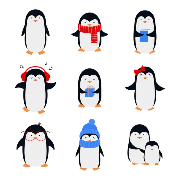 Set Cute Cartoon Penguins Flat Style — Stock Vector