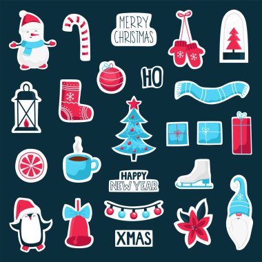 Noel ve Yeni Yıl şirin sembol çıkartmaları koleksiyonu. Vektör renkli illüstrasyon.