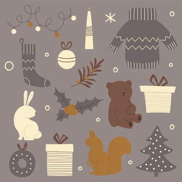 Set Weihnachtsartikel Vorhanden Vektor Illustration Für Grußkarten Weihnachtseinladungen — Stockvektor