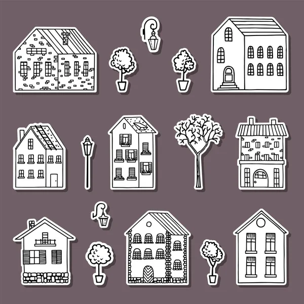 Country House Stickers Collection Hand Drawn Cute Houses — Stock Vector