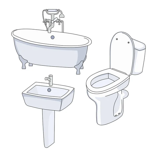 Vektor Toilette Badewanne Und Waschbecken Sammlung Von Badezimmerarmaturen Auf Weißem — Stockvektor
