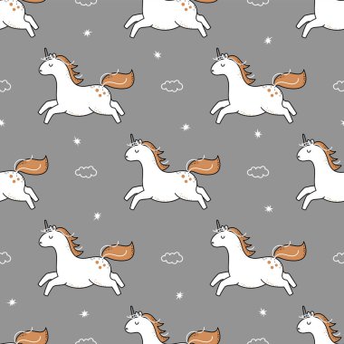 Güzel beyaz tek boynuzlu at deseni. Bebek odaları, dükkanlar, hediye paketleri için mükemmel..