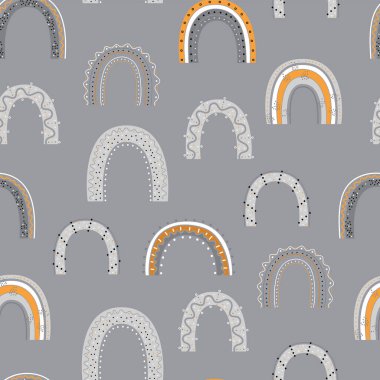 Gri arka planda elle çizilmiş gökkuşağı desenleri. Kumaş, duvar kağıdı, ambalaj kağıdı ve dekor için renkli arkaplan. 