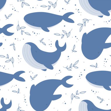 Seamless pattern with blue whales on white. 