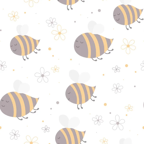 Naadloos Patroon Met Vliegende Bijen Cartoon Bijen Bloemen Witte Achtergrond — Stockvector