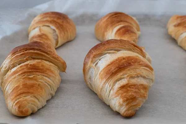 Croissant Forno Fresco Bordo Con Carta Forno Colazione Fatta Casa — Foto Stock