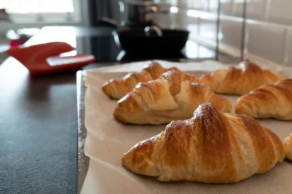 Croissant Baked Fresh Board Baking Paper Homemade Breakfast — Stock Photo, Image