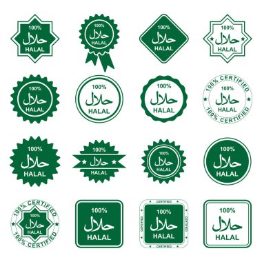 Arapça yazılı yeşil dairesel gıda etiketleri ve gıda sertifikası ve ambalaj için kullanılan% 100 helal mesaj..