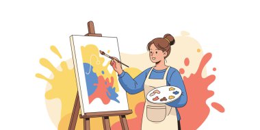 Soyut Sanat İllüstrasyonunda Kadın Ressam. Kadın Sanatçı Soyut Sanat İllüstrasyonunu Resmediyor.