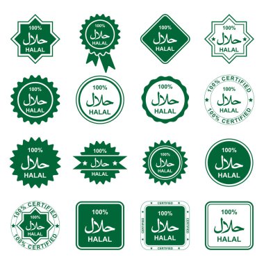 Arapça yazılı yeşil dairesel gıda etiketleri ve gıda sertifikası ve ambalaj için kullanılan% 100 helal mesaj..