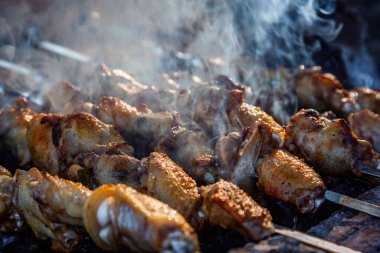 Tavuk barbeküsü pişirme süreci. Piknik. 