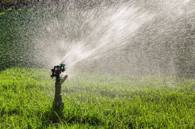 Yeşil çimenlerin üzerine otomatik su fıskiyesi. Dönen kafa.