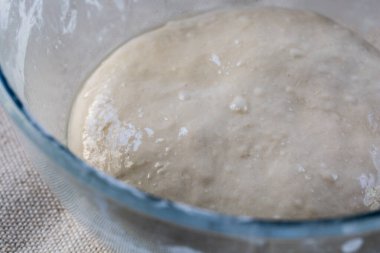 Mayalı hamurun mayalanması. Doğal gıda kavramı. Maya yok.