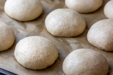 Tam tahıllı hamburger ekmeği. Pişirmeden önce hamuru düzeltiyorum. Hazırlık