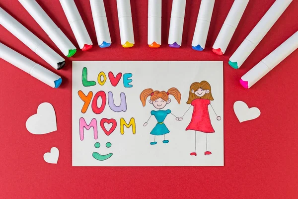 Happy Mother Day Beautiful Postcard Drawn Child Mom Red Background — Stock Photo, Image