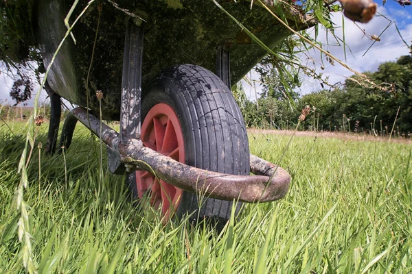 Bahçe tekerlek barrow uzun çimenlerin üzerinde — Stok fotoğraf