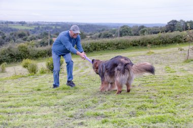 Çimde halat dışında köpeğiyle oynayan adam