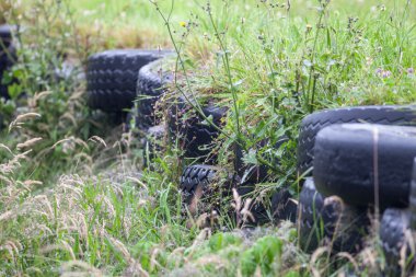 Eski lastik duvarda bir yarış pisti şimdi çim kaplı