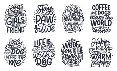 Komik ifadeli vektör illüstrasyonu. Köpekler hakkında elle çizilmiş ilham verici alıntılar. Poster, tişört, kart, davetiye, çıkartma, afiş.