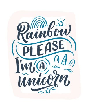 Komik el, tek boynuzlu at hakkında bir alıntı yaptı. Baskı ve poster tasarımı için havalı bir ifade. İlham verici çocukların sloganı. Tebrik kartı şablonu. Vektör illüstrasyonu