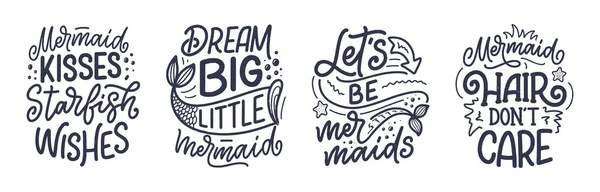 Set con graciosas citas de letras dibujadas a mano sobre sirena. Frases frescas para estampado de camisetas y diseño de póster. Eslóganes inspiradores para niños. Tarjeta de felicitación plantilla. Vector — Vector de stock