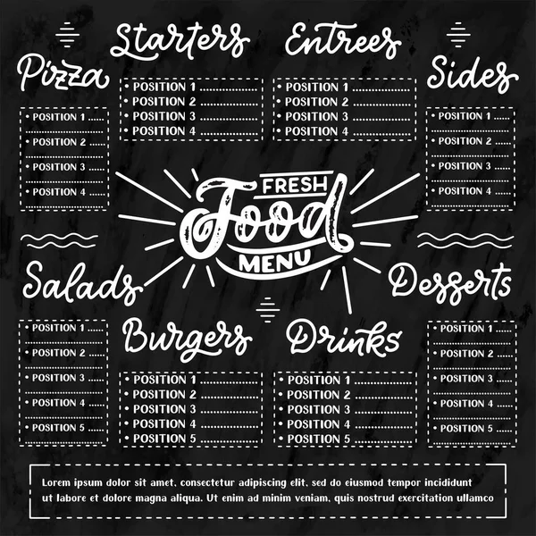 Plantilla vectorial Menú pizarra para restaurante y snack bar con elementos grunge. Diseño de alimentos frescos — Vector de stock