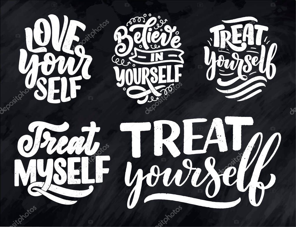 Set with selfcare lettering quotes for blog or sale. Time to something nice. Beauty, body care, premium cosmetics, delicious, ego. Modern calligraphy. Vector illustration