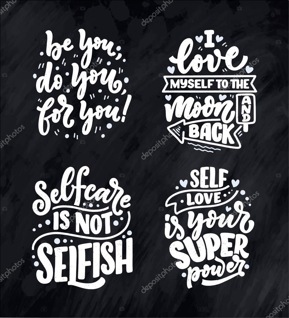 Set with selfcare lettering quotes for blog or sale. Time to something nice. Beauty, body care, premium cosmetics, delicious, ego. Modern calligraphy. Vector design prints