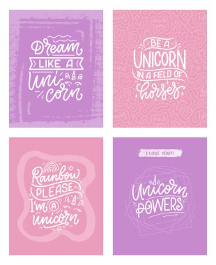 Tek boynuzlu at ile ilgili komik el yazması alıntılarla ayarlanmış. Baskı ve poster tasarımı için havalı ifadeler. İlham verici çocuk sloganları. Tebrik kartı şablonu. Vektör illüstrasyonu