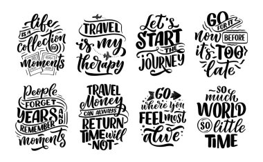 Seyahat ve güzel anlar hakkında ilham alıntıları, posterler ve baskılar için el yazması sloganlar. Motivasyon tipografisi. Kaligrafi tasarım elementleri. Vektör illüstrasyonu