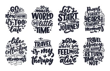 Seyahat ve güzel anlar hakkında ilham alıntıları, posterler ve baskılar için el yazması sloganlar. Motivasyon tipografisi. Kaligrafi tasarım elementleri. Vektör illüstrasyonu