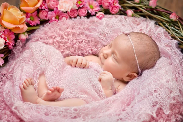 Menina recém-nascida 11 dias, dorme. Menina recém-nascida bonita e — Fotografia de Stock