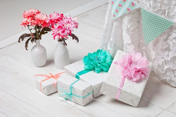 Birthday gift box with flowers.Romantic still life, fresh flower