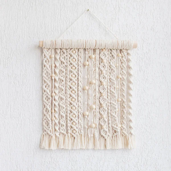Macrame Wallhanging Wooden Beads Wall Panel Cotton Threads Natural Color — Stock Photo, Image