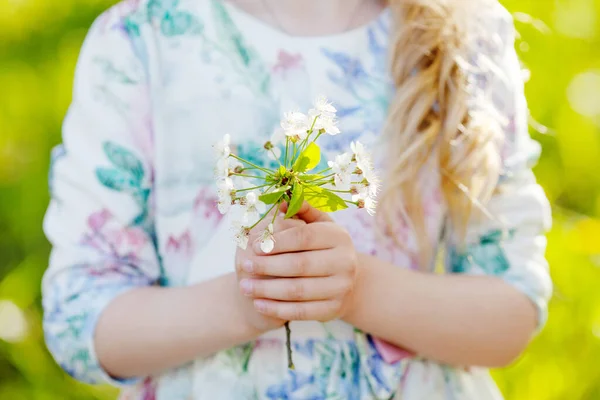 Bonjour Printemps Avril Cerise Blanche Fleurs Entre Les Mains Une — Photo