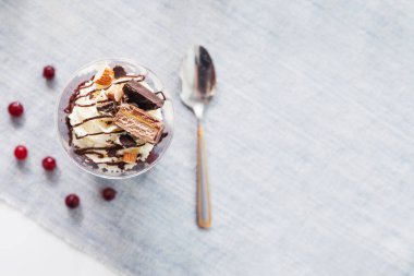 Şeffaf bardakta bisküvi, çikolata ve kızılcık. Sağlıklı gıda konsepti. Cam kavanozda servis edilen ve çikolatayla süslenmiş ev yapımı kolay pişirilmiş tatlı. Üst Manzara. Boşluğu kopyala 