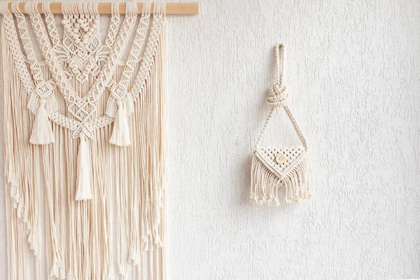 Handgemaakte Witte Macrame Tas Witte Muur Eco Vriendelijk Hobby Breien — Stockfoto