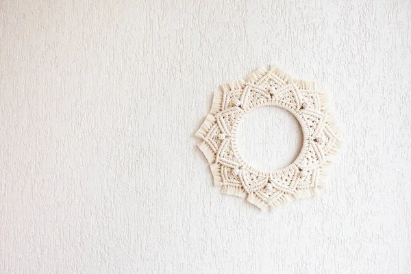 Macrame Mandala Macrame Wreathe White Background Natural Cotton Thread Eco — Stock Photo, Image