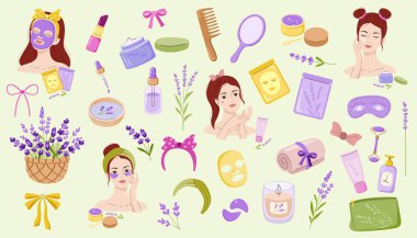 Kişisel bakım, spa ürünleri, kozmetik çanta, yüz kremi, el losyonu, aromatik yağ, kolajen, retinol, göz bandı, yüz maskesi, tarak, saç fırçası, ruj, yay, sabun.