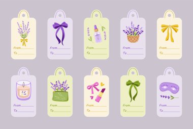 Set of tags for cosmetics with bow, ribbon, lipstick, cosmetic bag, facial oil, face mask, lavender bouquet, basket with flowers. Vector labels for packaging, gifts, branding, spa salon, social media