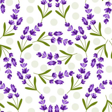 Seamless pattern with lavender branches and leaves on white background. Design for wrapping paper, textile prints, feminine invitations, natural cosmetics packaging, fabric