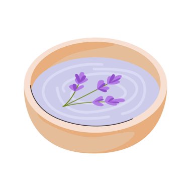Flat vector illustration of a bowl of lavender water for spa treatments. Perfect for beauty salon, aromatherapy, wellness, relaxation, skincare, organic cosmetics branding, women's retreat.