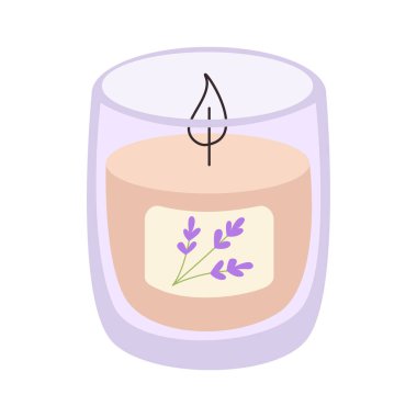 Vector illustration of scented candle with lavender in glass. Design for spa, aromatherapy, relaxation, natural home decor, cosmetics branding, labels.