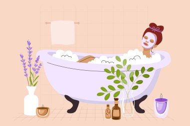 Köpük banyosundaki bir kadının vektör çizimi. Kız, lavanta çiçekleri, mumlar, cam vazolar ve doğal cilt ürünleriyle çevrili yüz maskesi ve saç bandı takıyor. Aromaterapi ve kişisel bakım