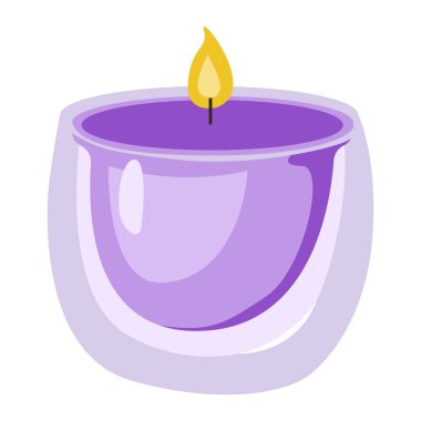 Lavanta ve mor aromaterapi mumu sıcak alevli cam bir kapta. İnzivaya çekilme, meditasyon, sanat terapisi, spa salonları için davetiyeler.