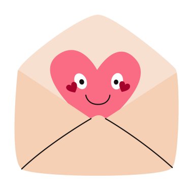 Gülümseyen pembe bir kalple zarf. Sevgililer Günü kartı için vektör illüstrasyonu, düğün davetiyeleri, romantik mesajlar, çıkartmalar, ambalajlama.