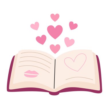 İçinde pembe kalpler uçuşan açık bir kitap. Metin ve yumuşak dudakların çizimi. Sevgililer Günü için tasarım vektörü, kitap severler, tebrik kartları, posterler, çıkartmalar, eğitim konuları.