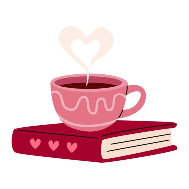 Kalp şeklinde buharlı bir kitabın üzerinde duran kahve fincanı. Kitap severler için vektör, yaşam tarzı blogları, çıkartmalar, planlamacılar, tebrik kartları, sevgililer günü illüstrasyonları
