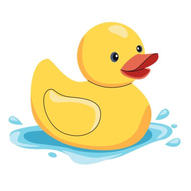 Suda yüzen sarı plastik ördek. Kırmızı gagalı ve küçük gözlü şirin bir ördek yavrusu. Oyuncak bebek, çocuk resimleri, banyo tasarımları için vektör, çocuk odası dekorasyonu.